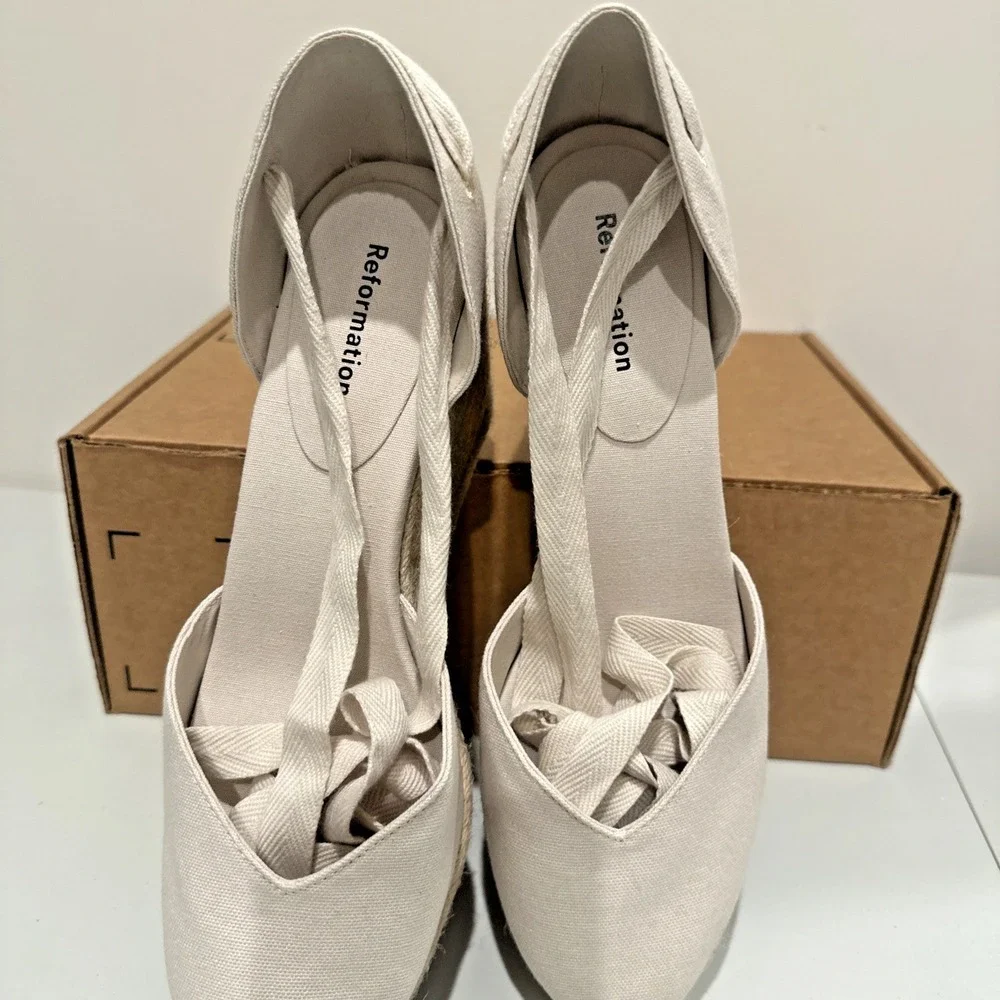Reformation Size 10M Camille Lace Up Ankle Tie Wedge Heel Espadrille Linen Jute